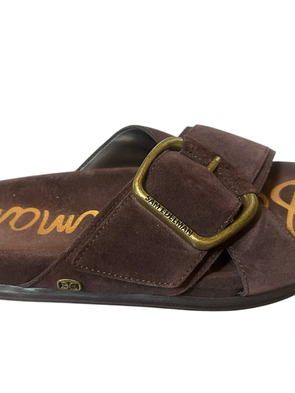 Sam Edelman Darla dark brown Suede Slide Sandals Antiqued Gold Buckle size 6.5